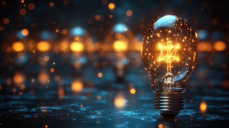 Light bulbs shine brightly, casting a magical glow in dark surroundings.の素材