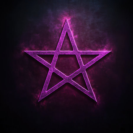 A vibrant purple pentagram glows against a dark, mystical backdrop.の素材