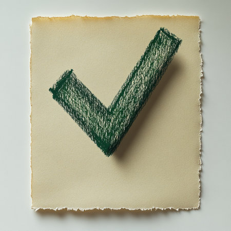 A green chalk check mark on rough paper symbolizes achievement and creativity.の素材