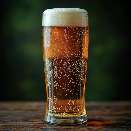 Bubbly golden drink on a wood surface with a dark background.の素材