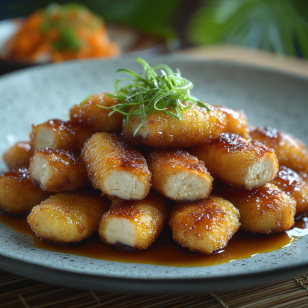 Crispy fried delights, garnished and glistening in rich sauce, tempt all.の素材