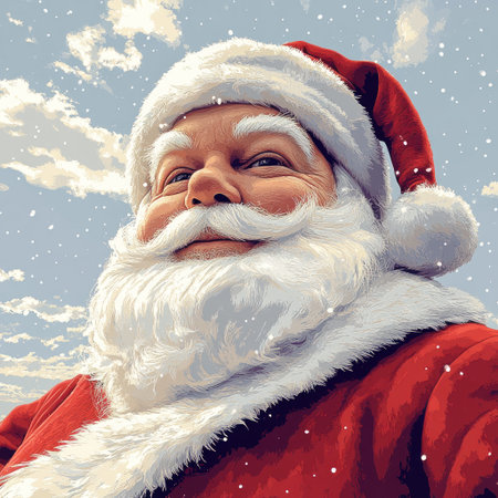 Santa Claus spreads holiday cheer with his warm smile and snowy vibe.の素材