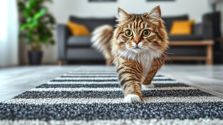 Whiskers twitch as the playful feline strolls across a striped rug in a bright home.の素材
