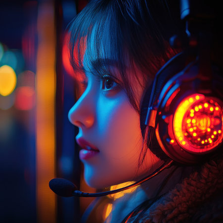 A focused gamer wearing a headset enjoys an immersive gaming experience in neon lights.の素材