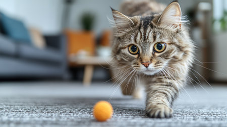 A fluffy cat with striking eyes stalks a small orange ball in a warm living room setting.の素材
