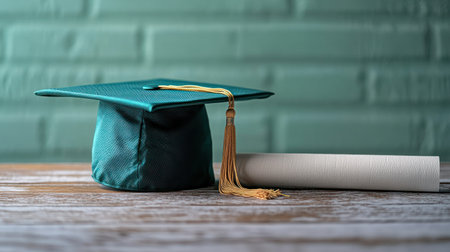 Graduation cap sits proudly beside a rolled diploma on a textured wooden surface.の素材