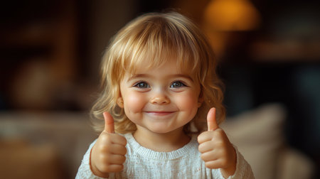 Toddler with curly hair smiles broadly while giving two thumbs up in a warm atmosphere.の素材