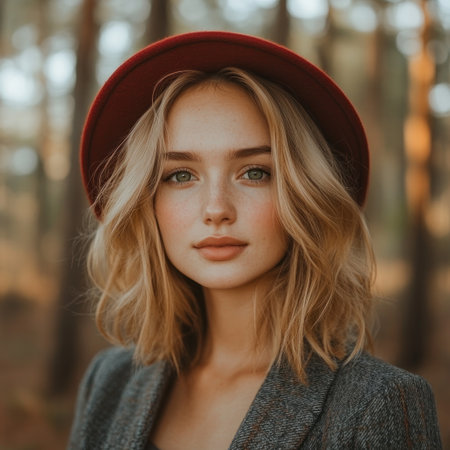 A young woman with golden hair and a red hat stands amidst tall trees at dusk.の素材