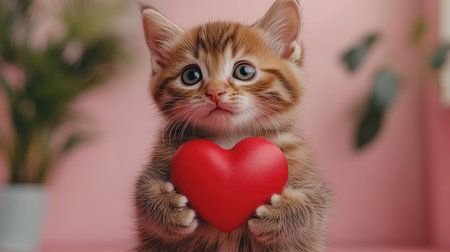 Cute kitten holds a bright red heart, looking so adorable and innocent.の素材