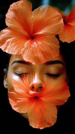 A woman relaxes with vibrant hibiscus flowers on her face, exuding tranquility.の素材