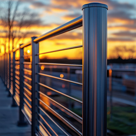 Golden hues bathe a sleek railing as sunlight fades by the waterfront in early evening.の素材