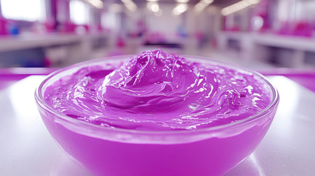 A thick, glossy purple mixture sits in a clear bowl at a lively kitchen workspace.の素材
