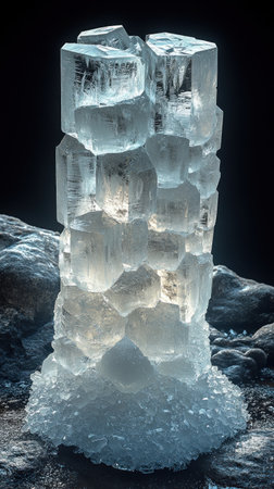Glowing crystal towers rise above icy rocks, captivating with unique shapes.の素材
