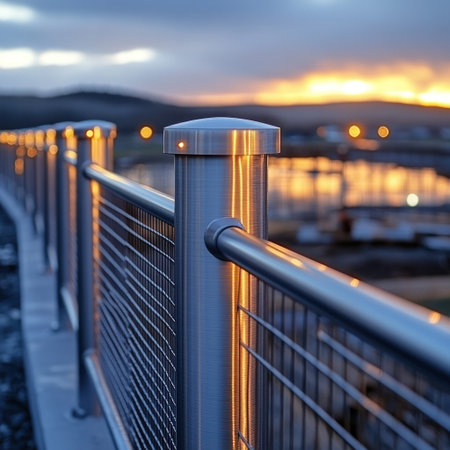 Golden sunset light dances on modern railings overlooking a calm lake and distant hills.の素材