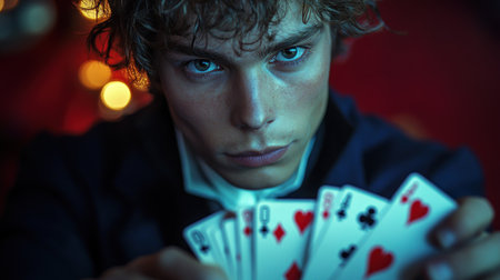 A young man focuses intently while holding cards in a vibrant casino atmosphere.の素材