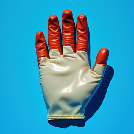 A colorful glove placed on a vivid blue surface captures attention with its bold contrast.の素材