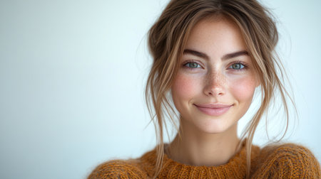 A young woman with radiant eyes and freckles beams with joy in a soft sweater.の素材