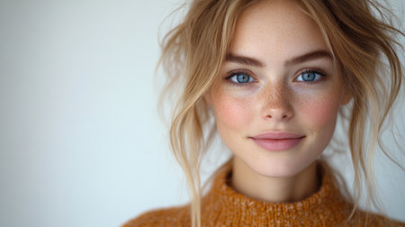 Captivating young woman with striking blue eyes and a warm smile showcases natural beauty.の素材