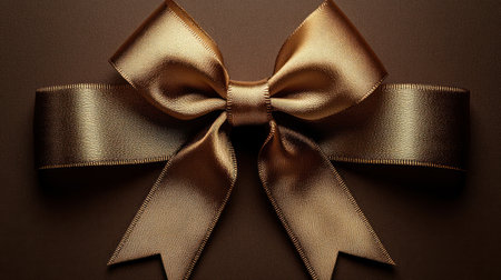 A golden bow is elegantly placed on a dark brown surface, ideal for celebrations.の素材