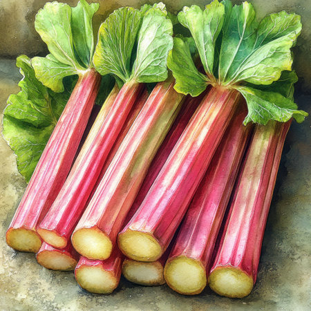 Fresh rhubarb stalks with green leaves rest on a textured surface.の素材