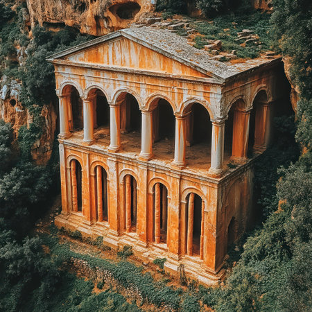 Majestic ruins rise from the earth, surrounded by vibrant vegetation and golden light.の素材