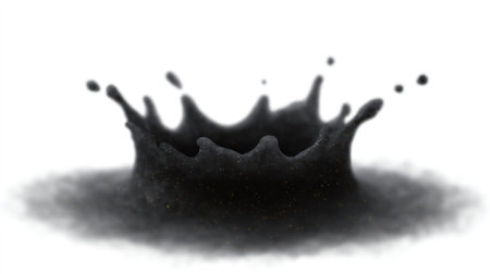 A striking black splash bursts in mid air, sending droplets into a surreal white canvas.の素材