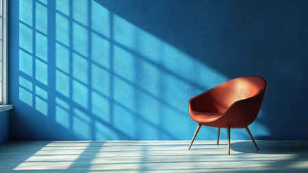 Sunlight casts intriguing shadows in a cozy space featuring a stylish red chair.の素材