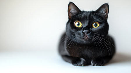 Curious black cat with yellow eyes lounges on a soft surface, watching around.の素材