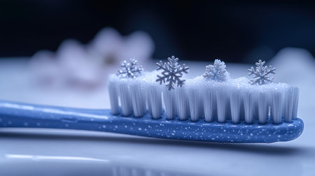 A whimsical toothbrush with snowflakes and sugar evokes a magical winter vibe.の素材