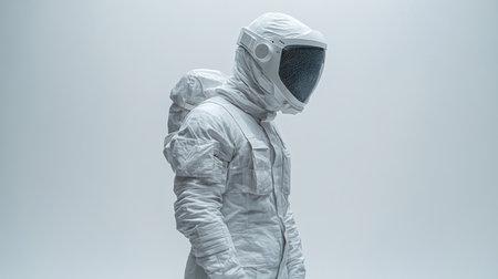 An astronaut in a sleek white suit stands still in a minimalist setting.の素材