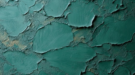 Intricate patterns emerge as natural wear reveals the character of a green wall.の素材