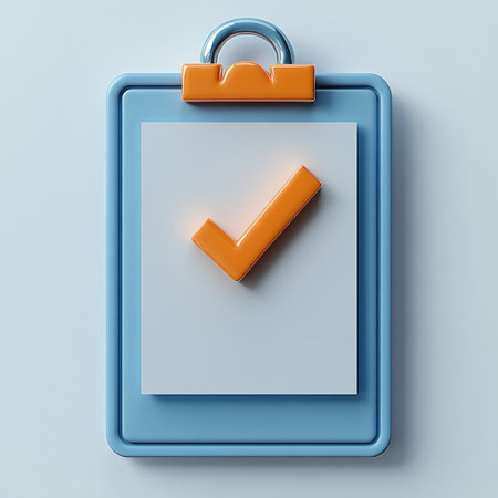 Bright clipboard displays a prominent checkmark indicating success and completion.の素材