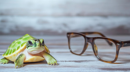 A playful turtle sits next to fashionable eyeglasses on a light wooden table indoors.の素材
