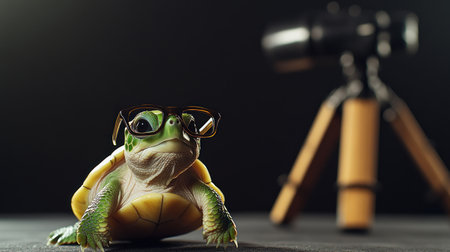 Turtle with stylish glasses sits thoughtfully next to a camera on a sleek surface.の素材