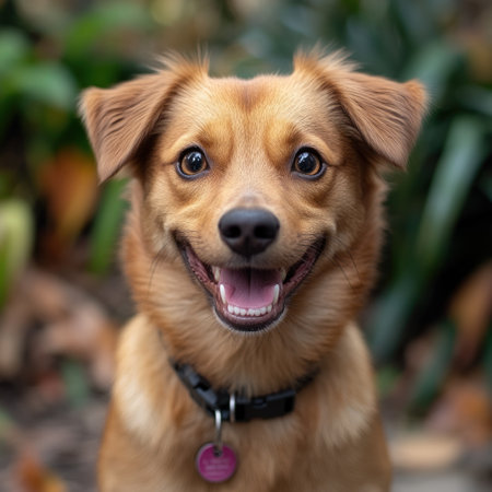 A playful dog exhibits a big smile while surrounded by lush greenery outdoors.の素材