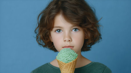 Bright eyed child holds a green ice cream cone, savoring the sweet moment with joy.の素材