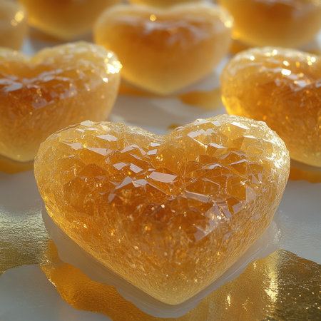 Heart shaped candies shine in warm light, highlighting their lovely texture.の素材
