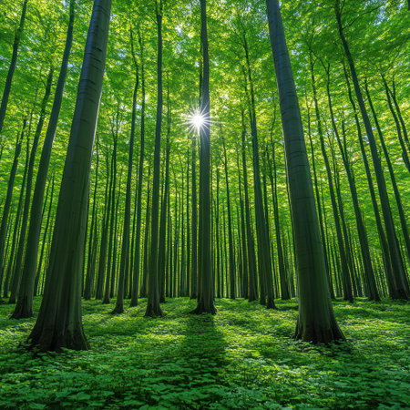 Tall trees create a lush canopy as sunlight streams down, illuminating the forest floor.の素材