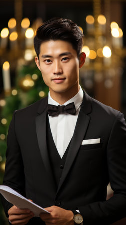 Asian man in a suit at a partyの素材