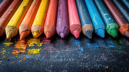 "Vibrant Spectrum: Worn Colored Pencils on Textured Black Backdrop"の素材
