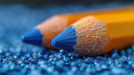 "Vivid Contrast: Sharpened Blue Pencils on Textured Surface"の素材