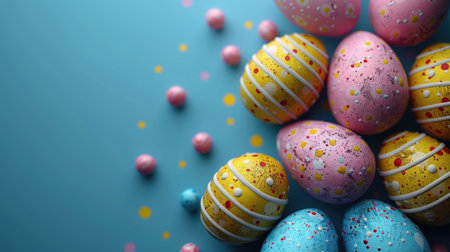 "Colorful Easter Eggs Adorned with Glitter and Patterns on a Blue Background"の素材