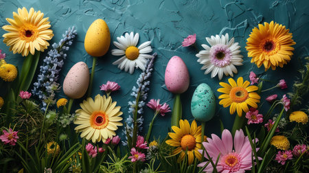 "Spring Bloom and Easter Joy: A Colorful Array of Flowers and Eggs"の素材