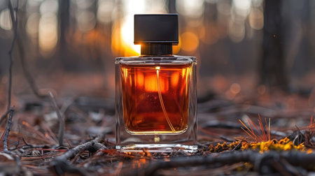 "Golden Hour Elegance: A Perfume Bottle Amidst Autumn Woods"の素材