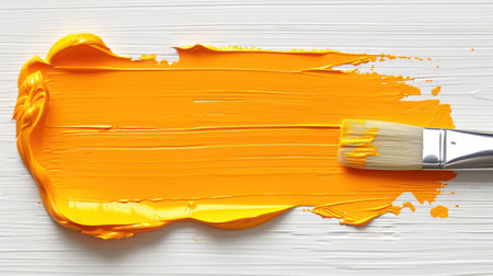"Vibrant Orange Paint Stroke with Brush on Textured Canvas"の素材