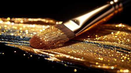 "Golden Elegance: A Close-Up of a Makeup Brush Amidst Sparkling Gold Dust"の素材