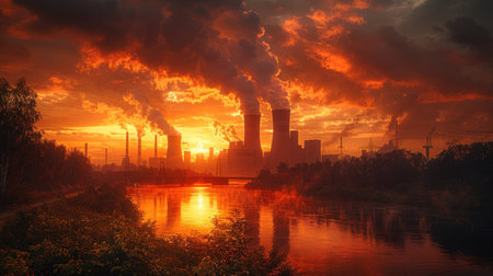 "Golden Hour Industrial Silhouette: A Cityscape Amidst Smoke and Sunset"の素材