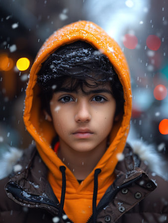 "Winter's Embrace: A Snowy Evening Illuminated by City Lights"の素材