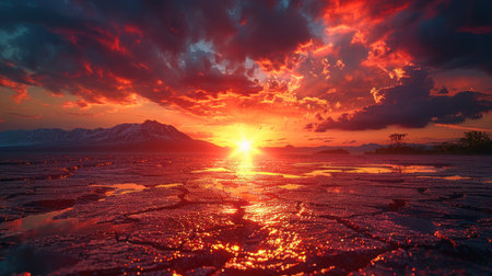 "Fiery Sunset Reflecting on a Cracked Desert Landscape"の素材