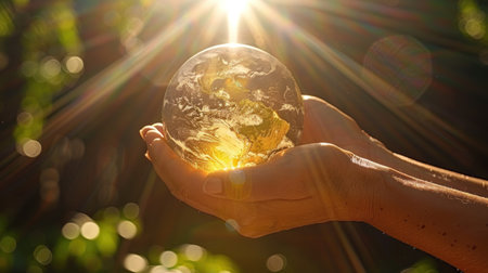 "Illuminated Earth: A Glimpse of Our Planet Held in Human Hands Amidst Sunrays"の素材